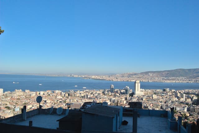View of modern Izmir and the Mediterranean Sea from the fortress on Mt. Pagos