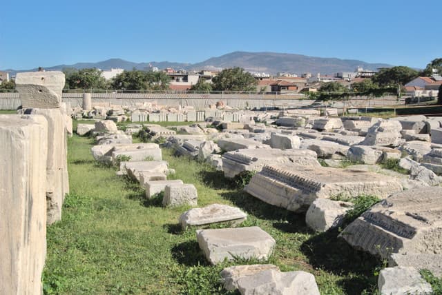 Chunks of column and temples in the laid out in the agora.