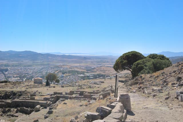 View of the top of the acropolis at Pergamum towards the sea. The ruins of the temple of Zeus are under the trees on the right.