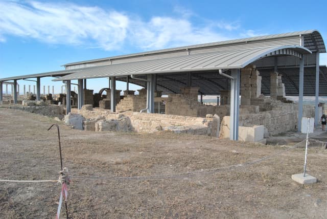 The 4th century church covered by a shelter to protect the ruins.