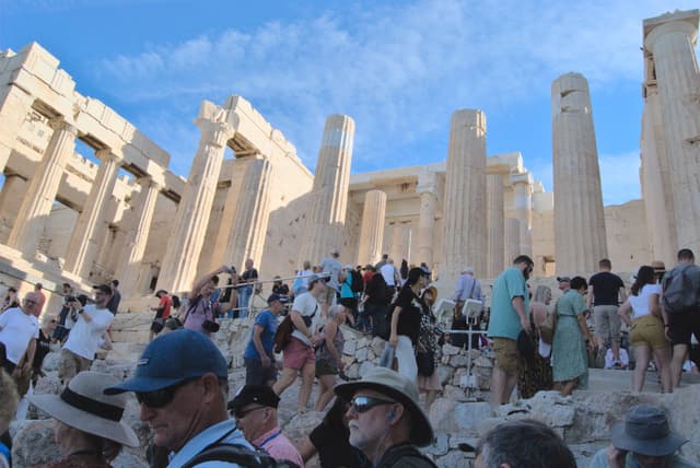 Walking towards the gates with the crowd.