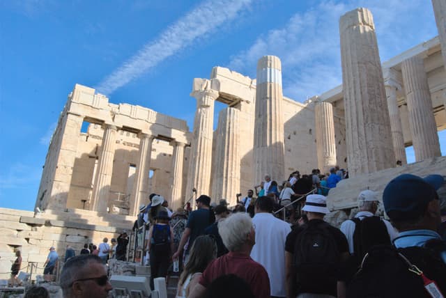 Climbing the final steps to the top with the crowd.
