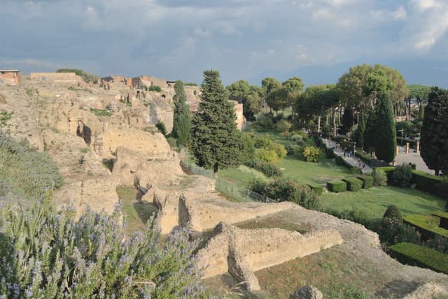 Ruins of shops on the edge of the ruins of Pompeii